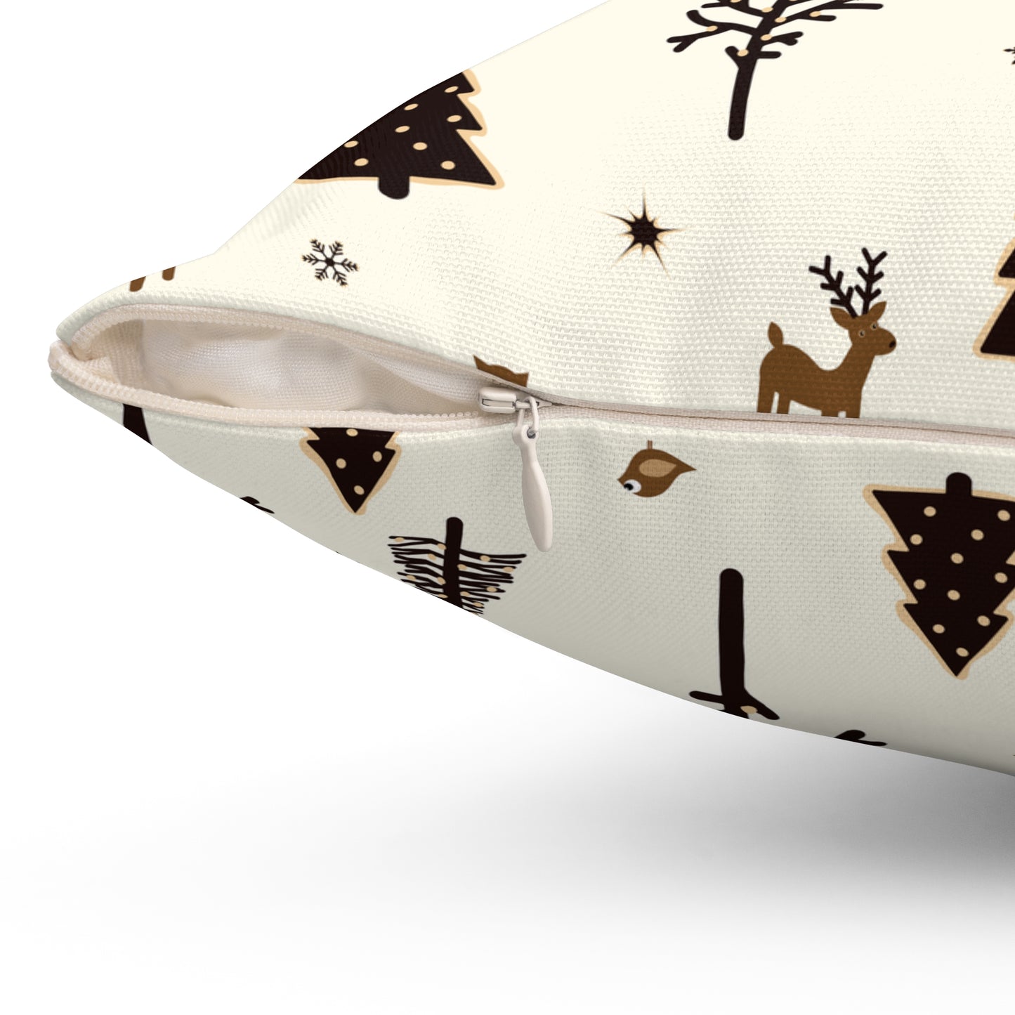 Cozy Holiday Square Pillow with Reindeer and Trees Design