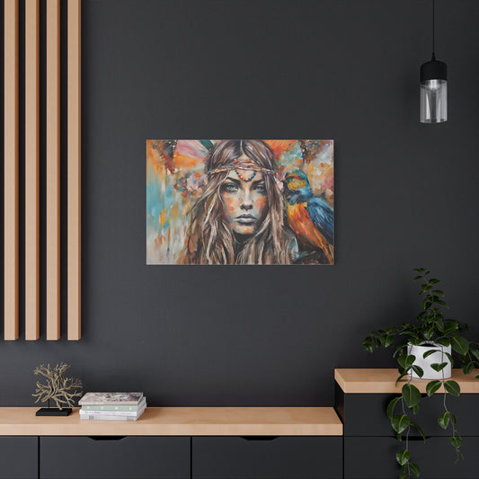 Bohemian Art Canvas Print - Colorful Goddess with Parrot | Home Décor