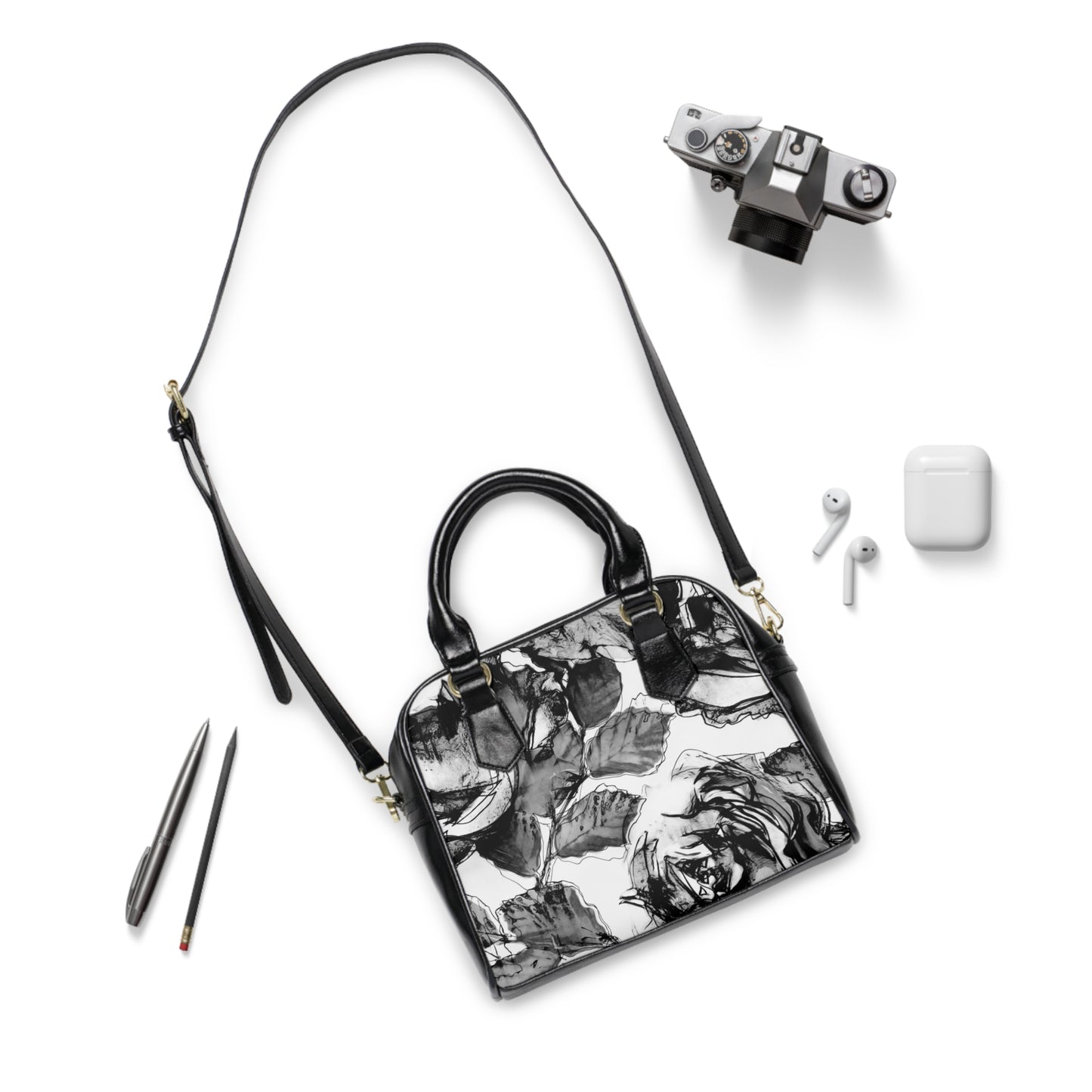 Chic Floral Shoulder Handbag - Stylish Black & White Design for Everyday Elegance