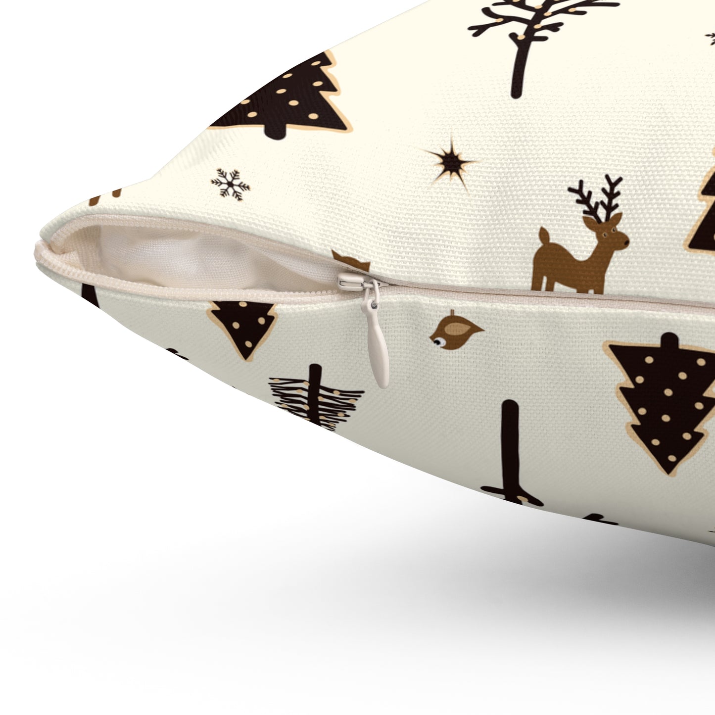 Cozy Holiday Square Pillow with Reindeer and Trees Design